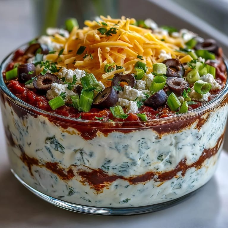 A bowl of 4-Way Layered Dip with a side of tortilla chips for dipping.