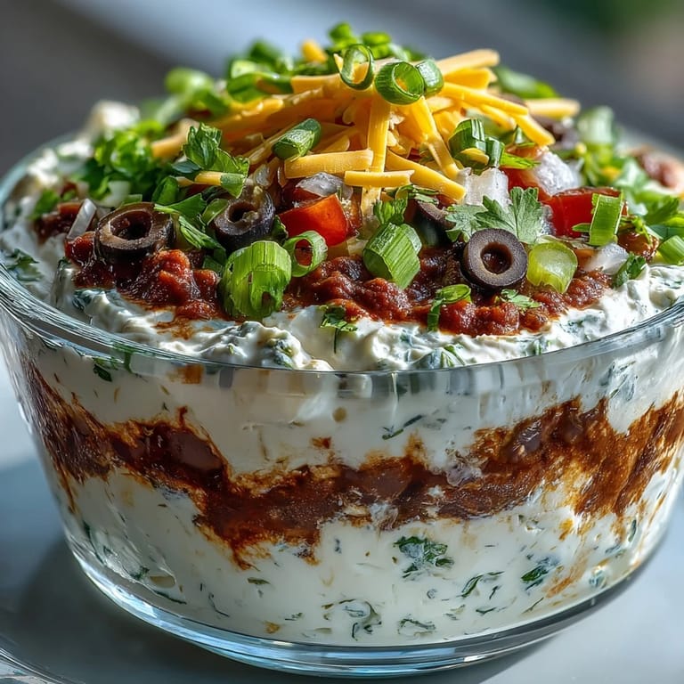 Freshly made 4-Way Layered Dip featuring layers of beans, cream, salsa, and cheese.