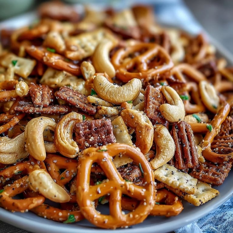 Freshly baked Everything Ranch Cheese and Pretzel Snack Mix cooled in a bowl, perfect for crunchy party snacking.