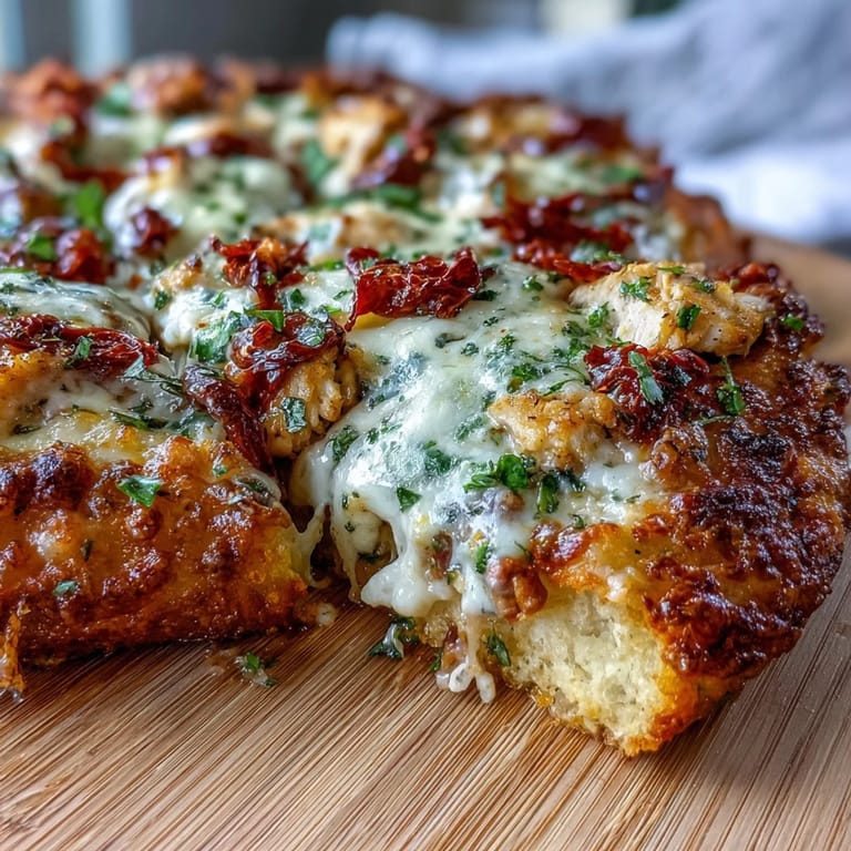 Slice of Marry Me Chicken Pizza showing creamy sauce, tender chicken, and vibrant sun-dried tomatoes.