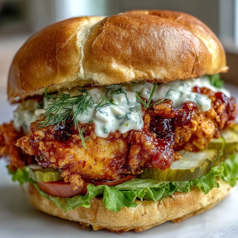 A juicy spicy chicken sandwich stacked with pickles and lettuce on a toasted brioche bun, served on a plate with a side of extra creamy dipping sauce.