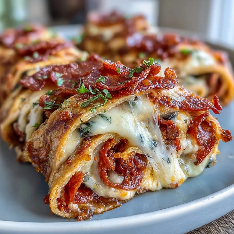 Close-up of Tortilla Pizza Rolls reveals a gooey cheese pull, scattered bell peppers, and golden-brown tortillas on a parchment-lined baking sheet.