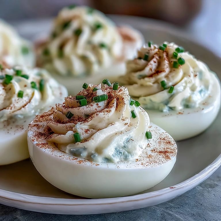 Delicious Million Dollar Deviled Eggs arranged on a white platter, topped with paprika and fresh chives for a colorful touch.