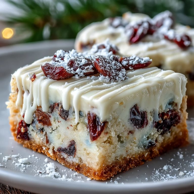 A stack of three Cranberry Bliss Bars revealing the dense crumb, chopped cranberries, and white chocolate chips layered with zesty frosting.