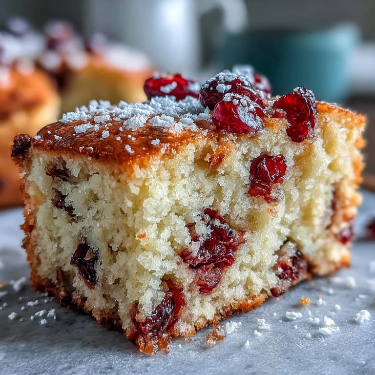 Sliced wedge of Cranberry Orange Breakfast Cake revealing moist interior, flecked with zest and berries, served on a rustic plate with morning coffee.