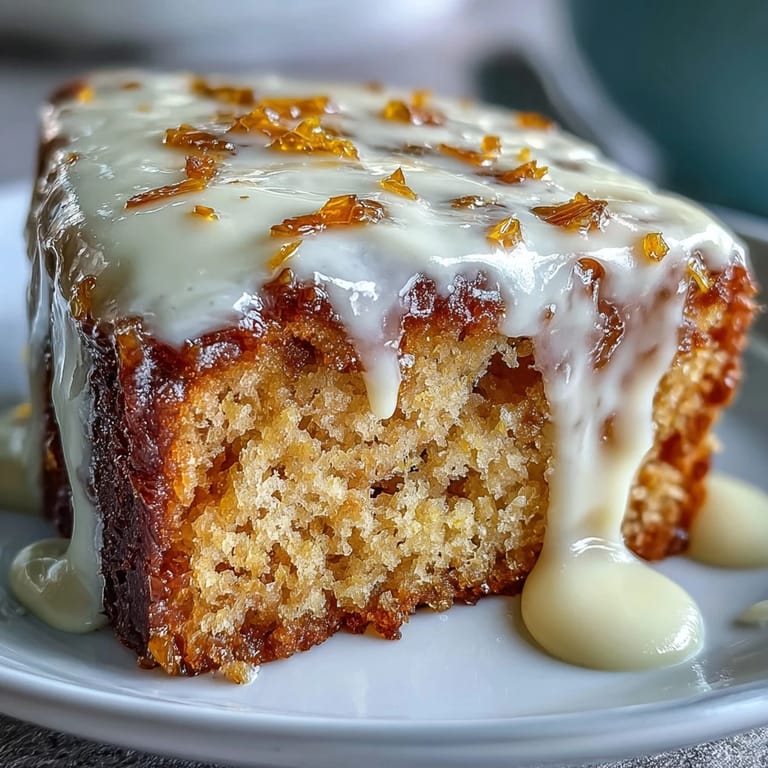 Freshly baked Heavenly Blood Orange Yogurt Cake loaf topped with glossy icing and vibrant blood orange zest garnish.