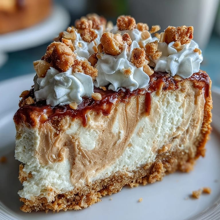 Decadent Nutter Butter Cheesecake topped with whipped cream and chopped peanuts, showcasing a smooth, creamy texture and a golden Nutter Butter cookie base.