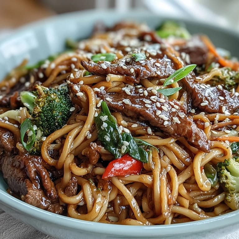 A close-up of Korean Beef Noodles highlights silky rice noodles, seared beef, and bright broccoli florets on a rustic plate.