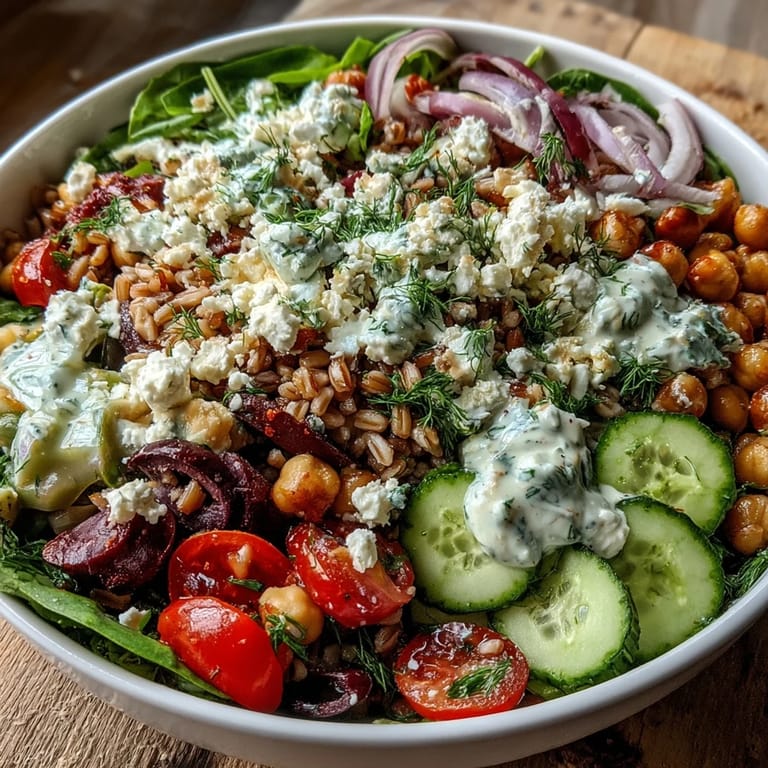 Healthy Mediterranean Farro Bowl with creamy tahini drizzle, perfect for a quick vegetarian lunch.