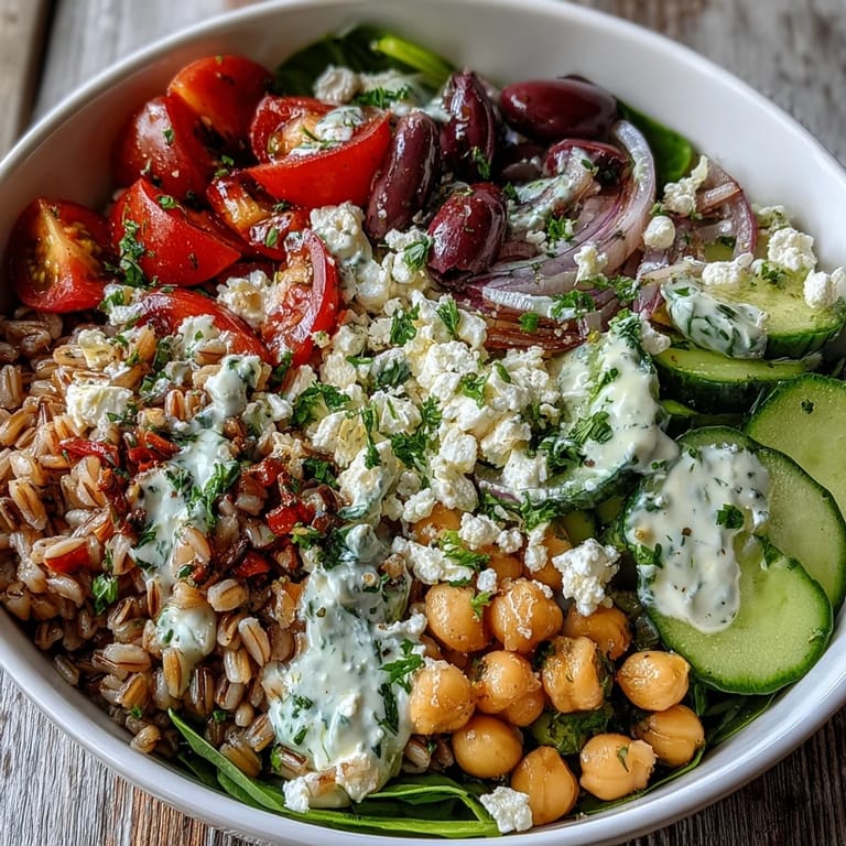 Colorful Mediterranean Farro Bowl featuring fresh spinach, tomatoes, cucumbers, and olives, ready to serve.