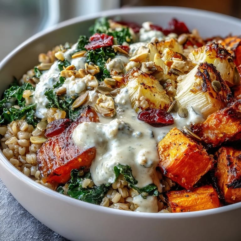 Golden roasted carrots and parsnips top the Hearty Winter Grain Bowl, garnished with kale and pumpkin seeds.