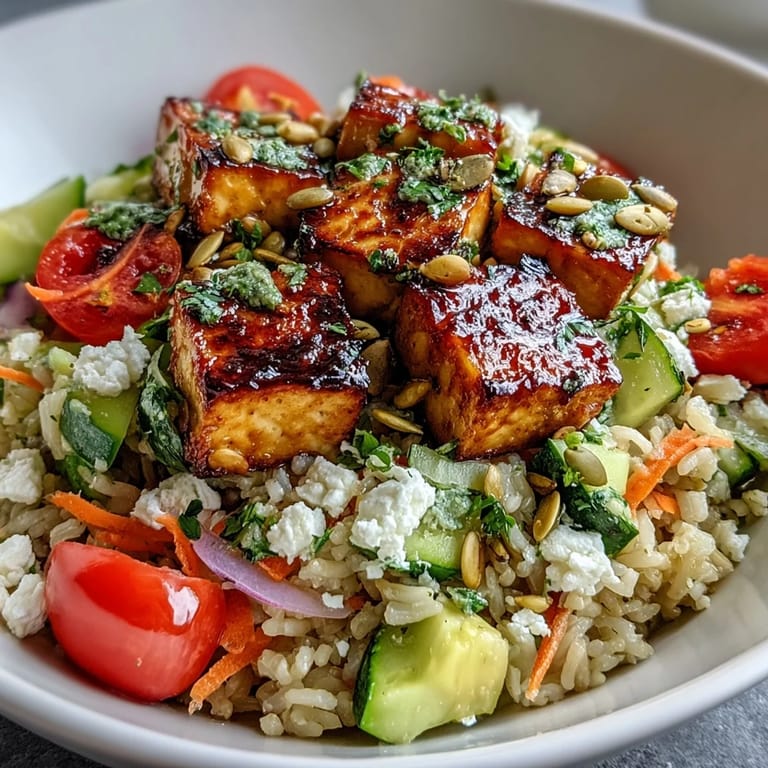 Vibrant Simple Grain Bowl featuring quinoa, pan-seared tofu, diced cucumbers, cherry tomatoes, and avocado, served with a zesty lemon vinaigrette.