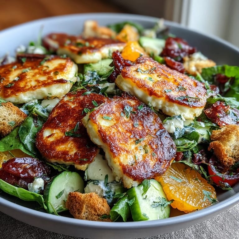 A close-up view of crispy sourdough croutons and juicy blood orange slices on a colorful Middle Eastern fattoush salad with halloumi.  