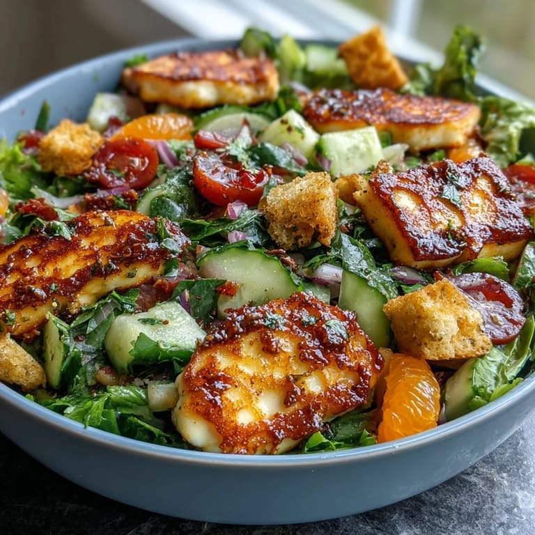 This Halloumi Blood Orange Fattoush salad features warm, pan-seared cheese cubes mixed with crisp vegetables and a zesty sumac dressing.