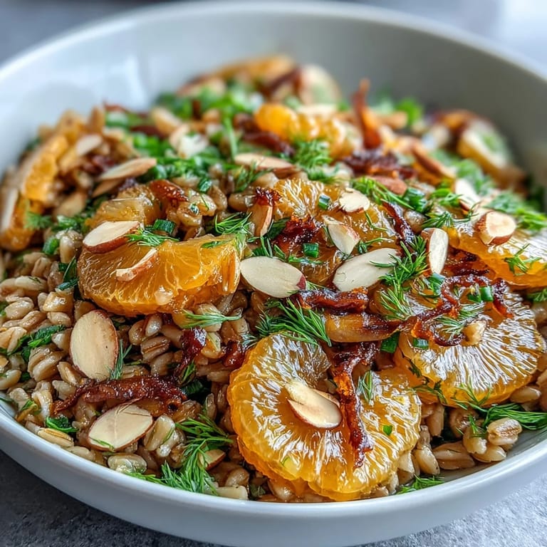 Hearty Farro Salad Bowl with Fennel, Oranges & Almonds tossed with greens and zesty vinaigrette in a bowl.