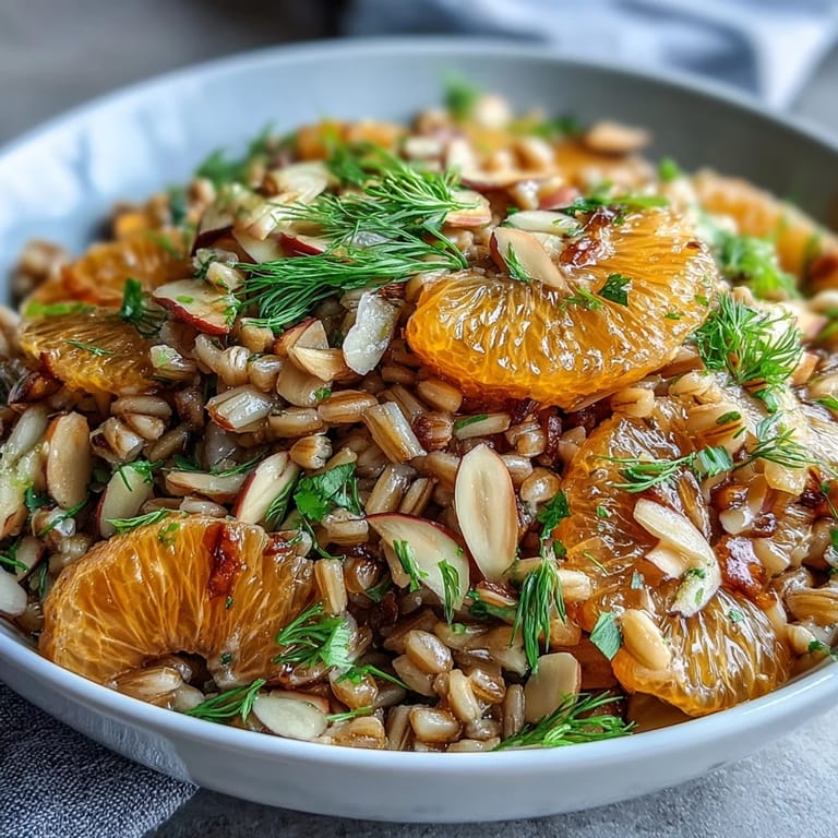 Close-up of Farro Salad Bowl with Fennel, Oranges & Almonds featuring juicy orange segments and crisp sliced fennel.