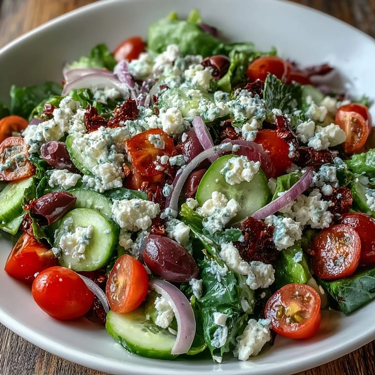 Ready-to-eat Mediterranean Green Salad Bowl tossed with tangy Greek dressing, topped with creamy feta, perfect for healthy vegetarian meal prep.
