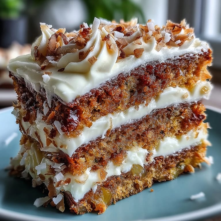 A frosted Christmas Hawaiian Carrot Pineapple Cake shows cream cheese swirls, chopped nuts, and festive orange hues. 