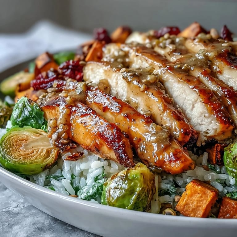 Sliced glazed chicken over roasted vegetables and wild rice, a perfect gluten-free meal prep dinner bowl.