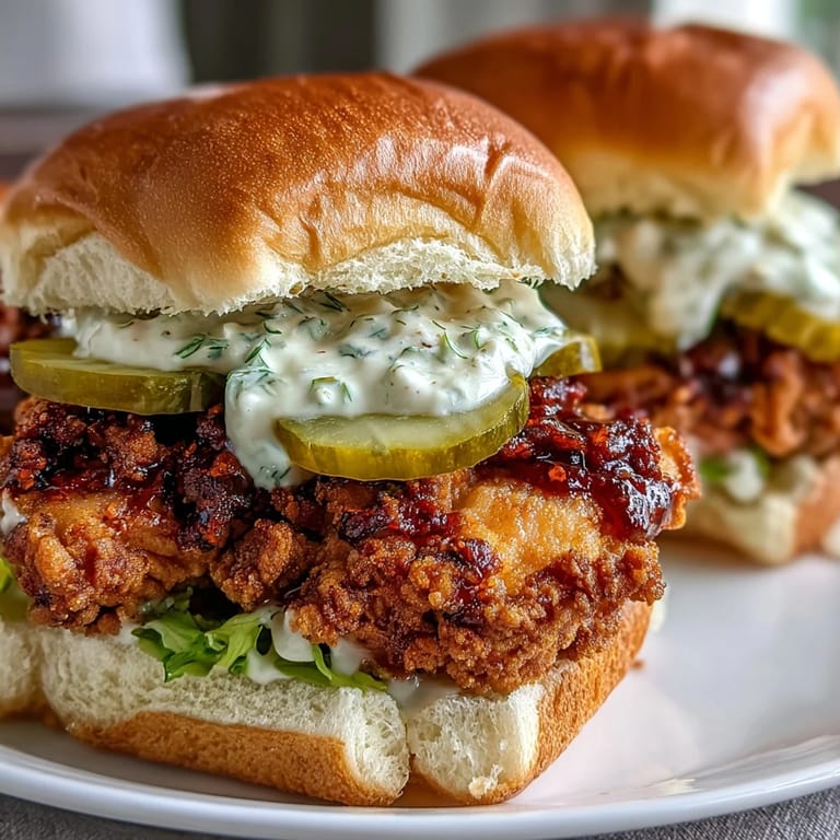 Freshly fried chicken thighs fill fluffy slider buns, topped with tangy dill pickle aioli and bright green pickle slices. This handheld meal looks perfectly juicy and spicy.