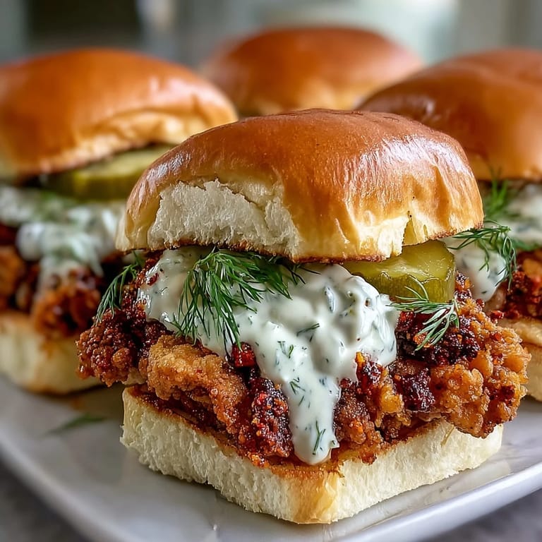 Close-up view of a Nashville Hot Chicken Slider with a bite taken out, revealing tender meat inside. A small bowl of extra dill pickle aioli sits nearby for dipping.