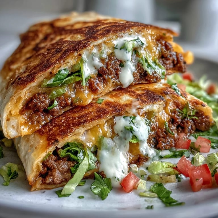 Freshly assembled Keto Crunchwraps sliced in half, revealing layers of savory beef, creamy cheese, and crisp veggies inside. 