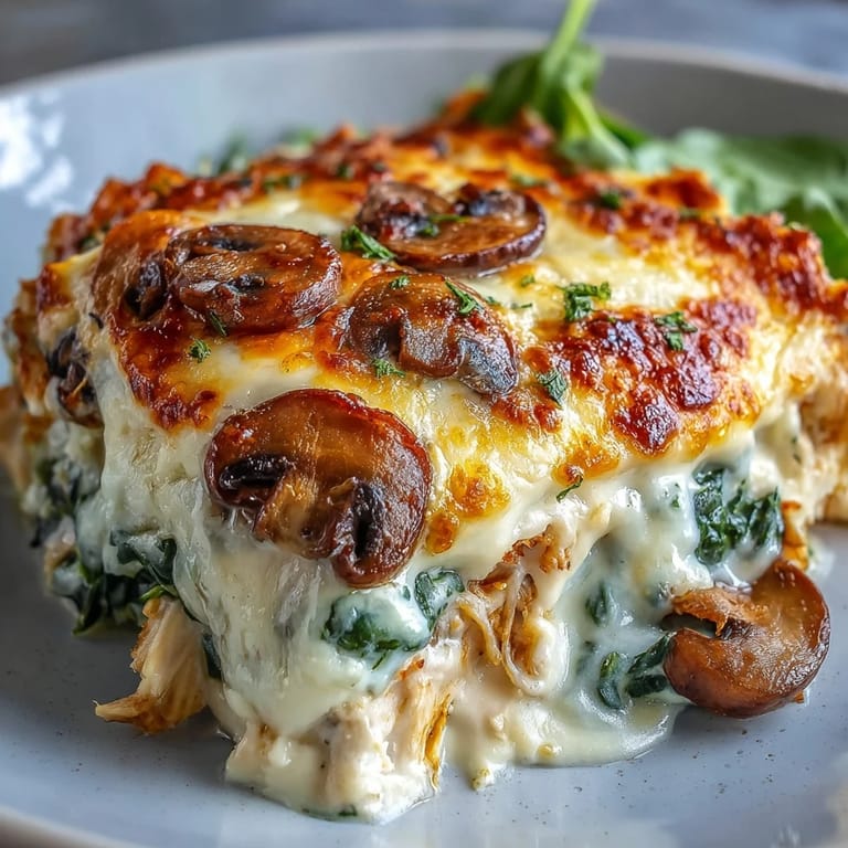 Freshly baked Chicken Spinach & Mushroom Low Carb Oven Dish with golden, bubbly cheese crust, ready to serve alongside a crisp green salad.