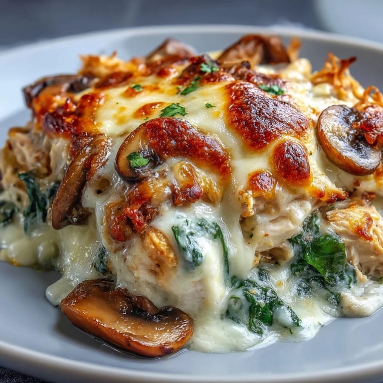 Savory low-carb casserole featuring tender chicken, wilted spinach, and mushrooms in a creamy sauce, perfect for a healthy weeknight dinner served hot.
