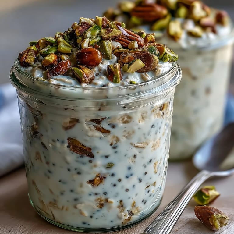 Ready-to-eat pistachio overnight oats served in a jar, garnished with sliced fruit and extra pistachios.