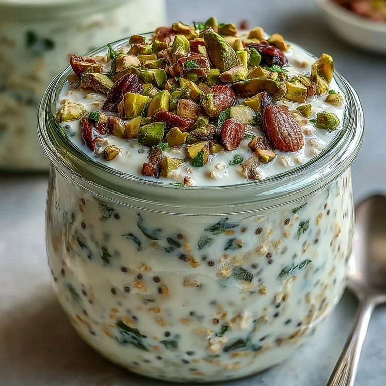Golden-green pistachio overnight oats topped with chopped nuts and fresh fruit for a protein-packed breakfast.