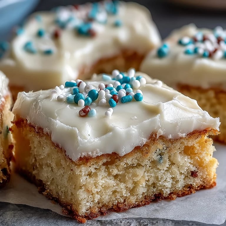 Frosted Almond Flour Sugar Cookie Bars topped with rainbow sprinkles, cut into 16 squares and served on a white platter.