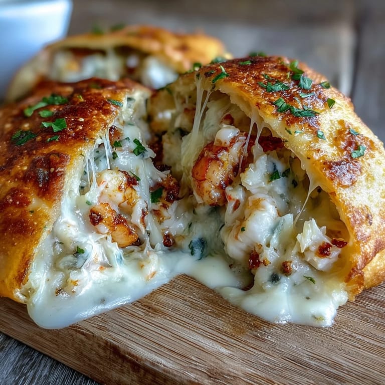 Serve these warm Cheesy Seafood Tortilla Bombs as an appetizer, garnished with parsley and melted three-cheese blend, from a baking dish.