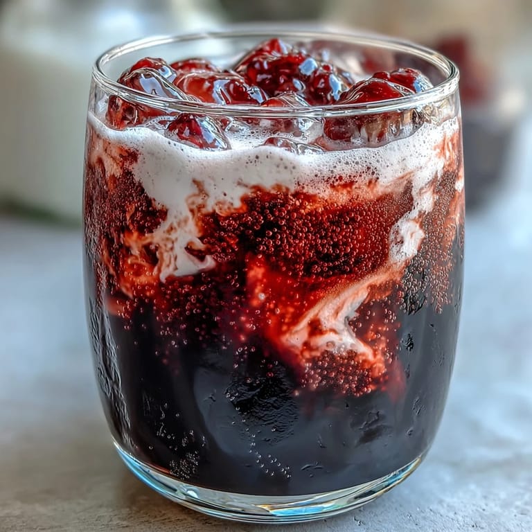 A frosty tall glass of Midnight Malibu Dirty Soda, featuring dark berry streaks and a rich vanilla coconut cream topping over ice.