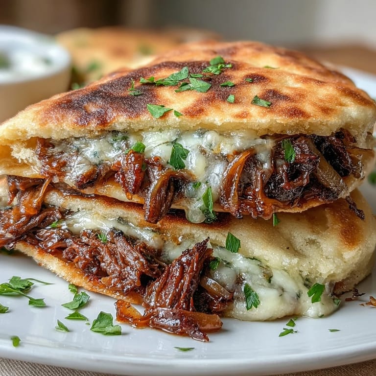 Slow Cooker Beef & Garlic Naan Melt garnished with fresh parsley, served alongside a small bowl of savory dipping jus on a rustic plate.