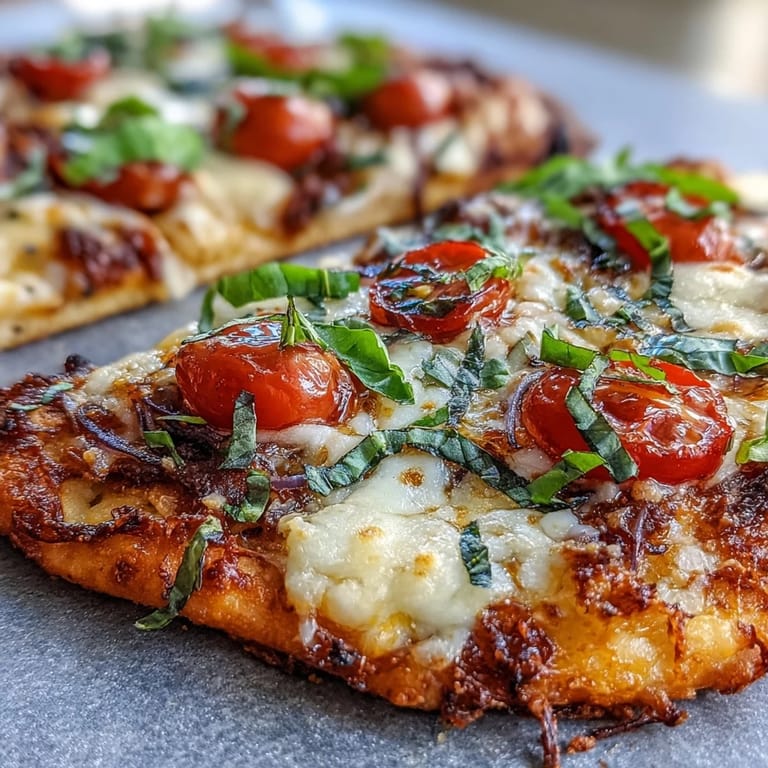 Sliced cherry tomatoes and red onion top this Crispy Garlic Parmesan Naan Pizza, served hot.