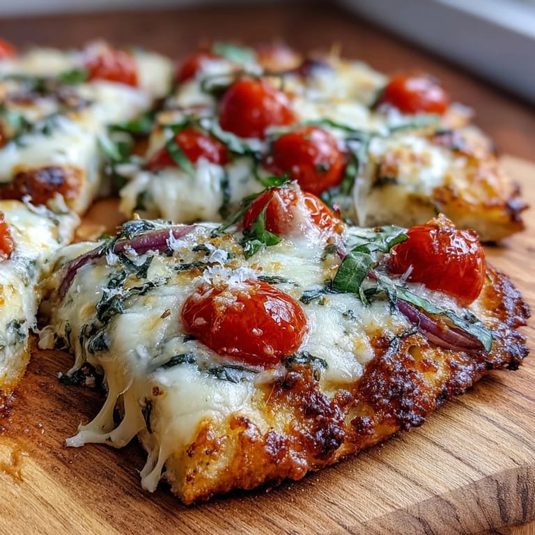 A hand garnishes the Crispy Garlic Parmesan Naan Pizza with crushed red pepper flakes and basil.