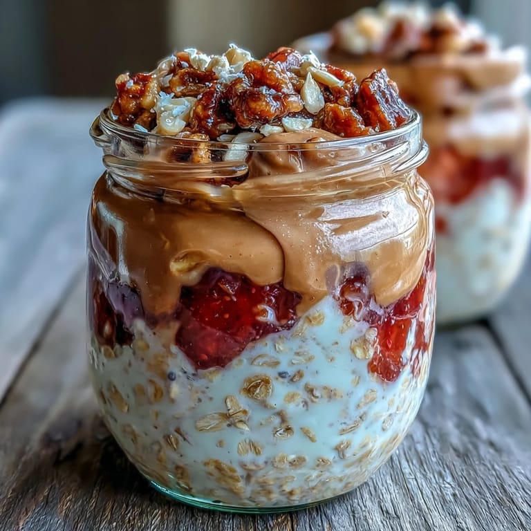 Visually appealing layered breakfast jar with creamy oats, rich peanut butter swirl, and fresh sliced strawberries on top.