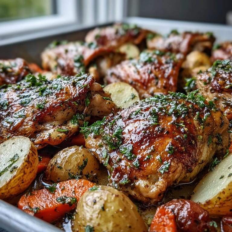 Roasted Crispy Ranch Sheet Pan Chicken & Veggies with tender vegetables and juicy, flavorful chicken thighs ready to serve.
