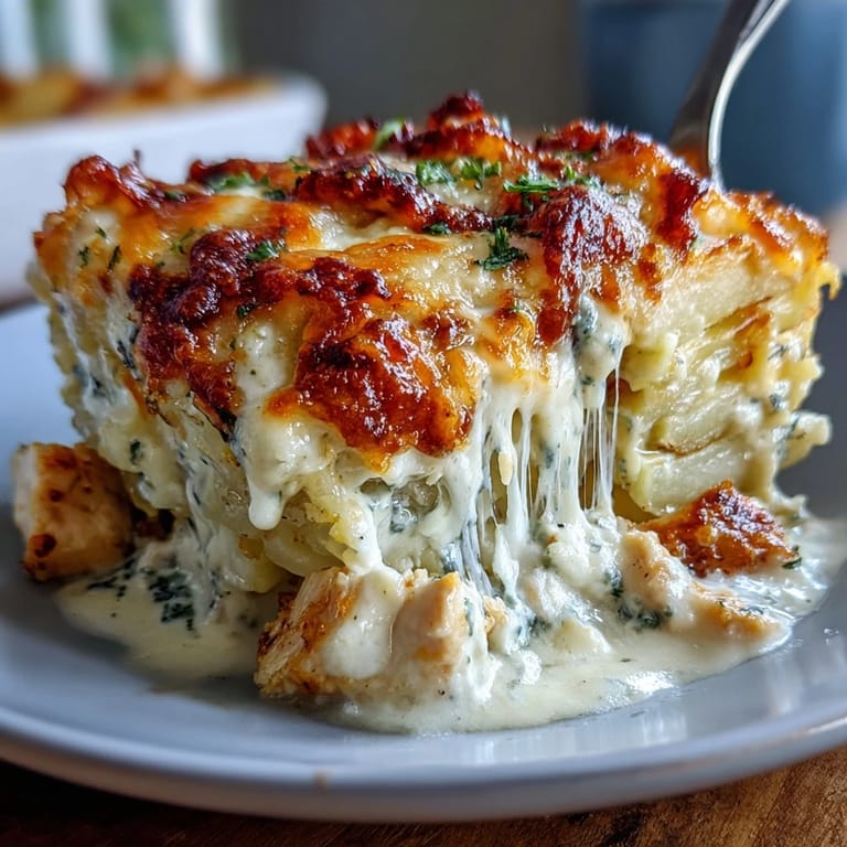 Spoon serving a generous portion of the Creamy Ranch Chicken Potato Bake onto a plate, revealing creamy sauce and soft, layered potatoes inside.
