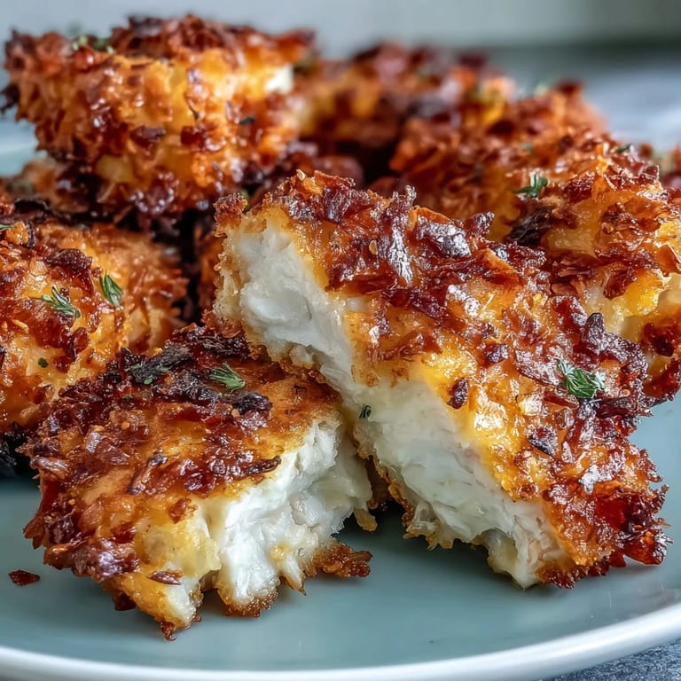 The Asiago Panko Chicken Bites are piled high on a white plate, showing off their crunchy texture and savory coating, perfect for a game-day snack.