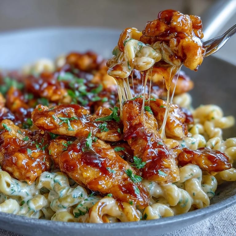 Steam rises invitingly from a one-pan dinner serving four, showcasing tender noodles and glazed chicken for the viral Sticky Honey BBQ Chicken Pasta Skillet.