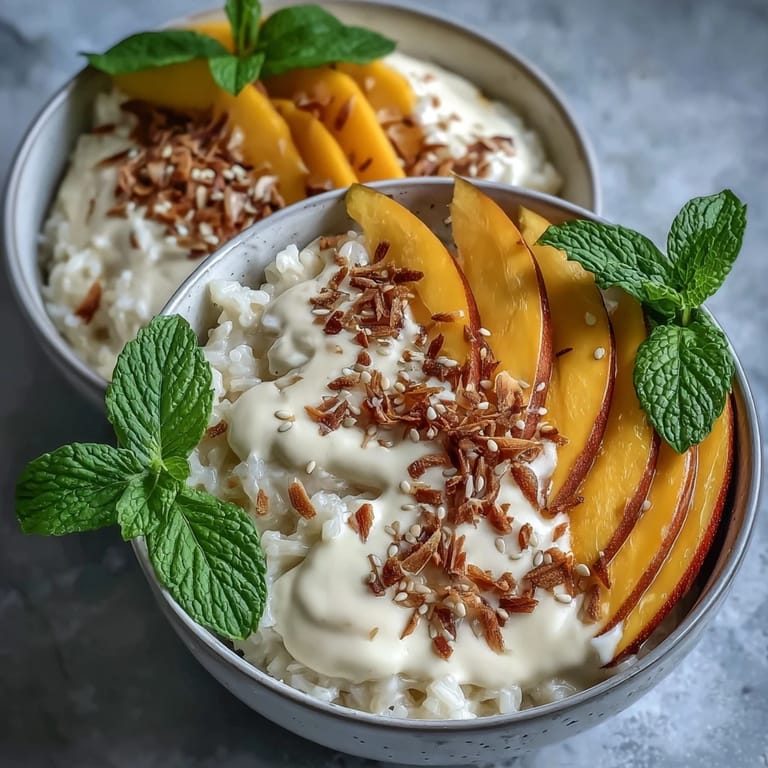 Ripe mango fans over warm coconut sticky rice for Vegan Mango Sticky Rice Breakfast Bowls with Coconut Cream, garnished with toasted sesame seeds.