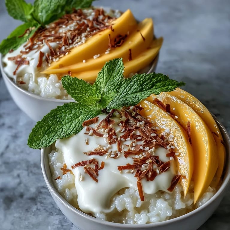 A close-up of Vegan Mango Sticky Rice Breakfast Bowls with Coconut Cream showing silky coconut cream and vibrant mango on fluffy rice, perfect for breakfast.