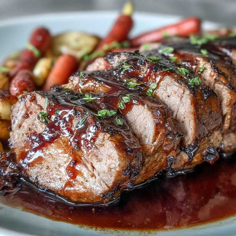 Golden One-Pan Honey Balsamic Pork Tenderloin slices beside caramelized rainbow carrots and glossy pan drippings.