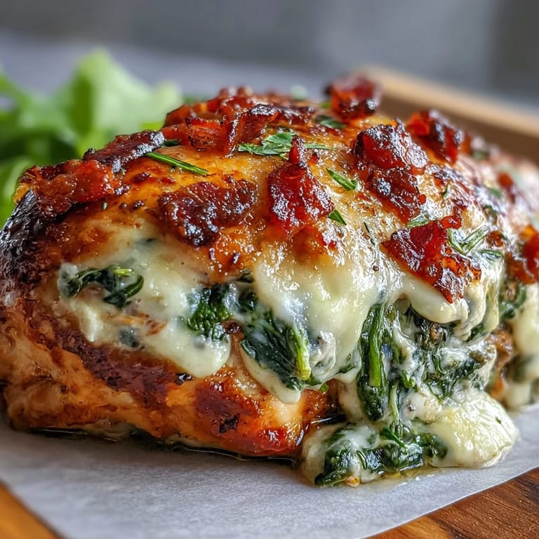 Close-up of sliced Keto Spinach and Bacon Stuffed Chicken Breasts revealing creamy spinach, crispy bacon, and melted cheese filling.