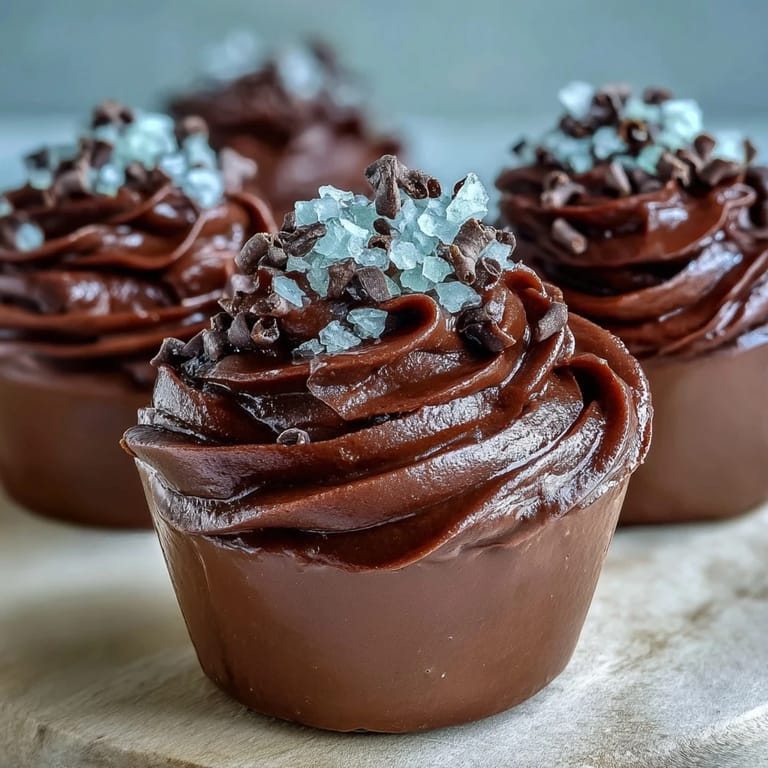 Four glass dessert cups filled with glossy dark chocolate mousse and a crackly maple cacao nib topping.