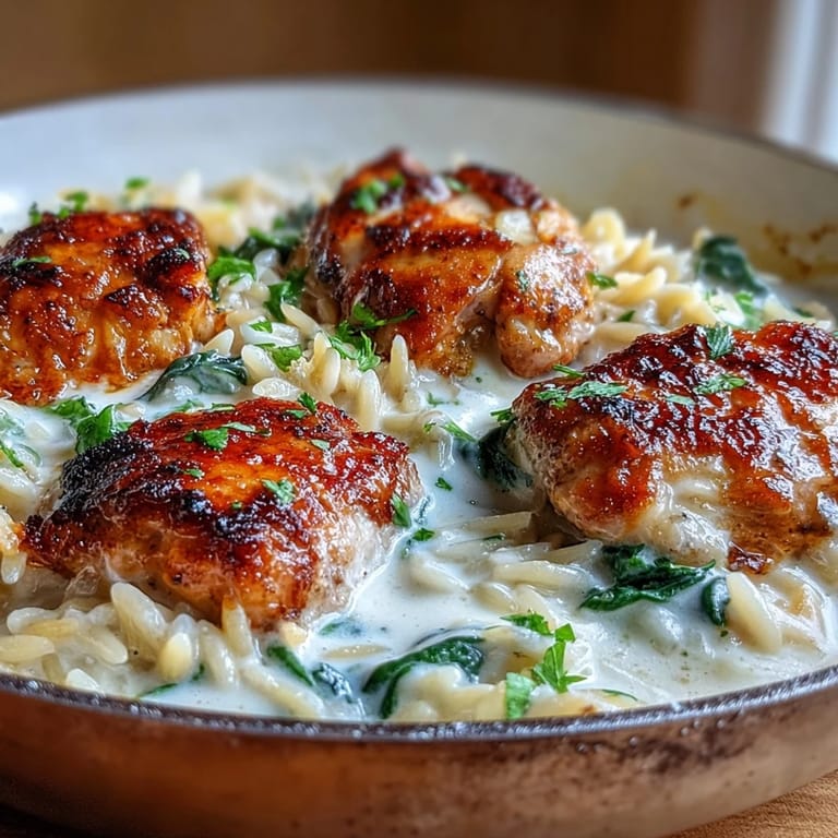 Golden seared chicken pieces rest atop tender orzo in a creamy garlic-Parmesan sauce with spinach.