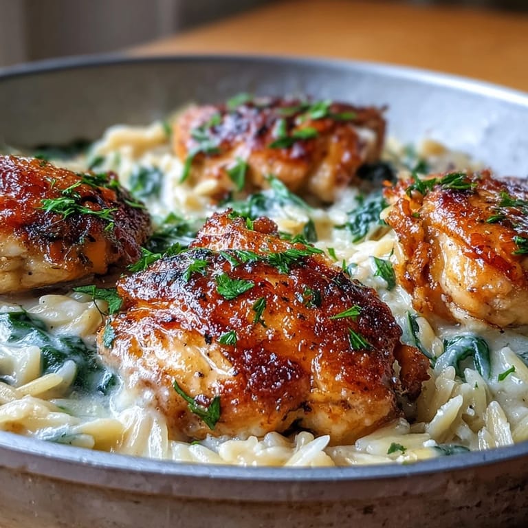 Sizzling skillet of One-Pot Creamy Garlic Parmesan Chicken Orzo glows with melted cheese and parsley.