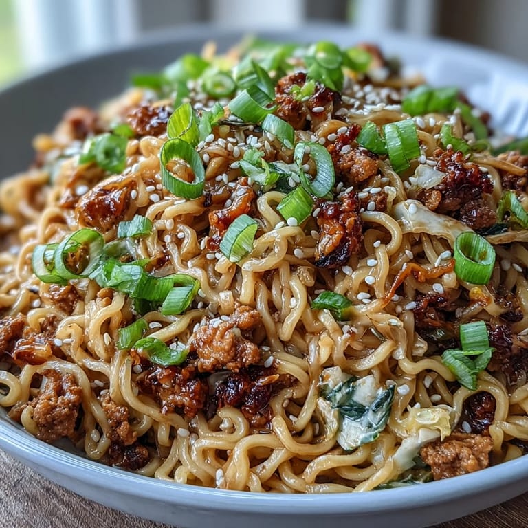 Overhead view of Creamy Potsticker Noodle Stir-Fry plated with chopsticks for an easy, Asian-inspired weeknight meal.