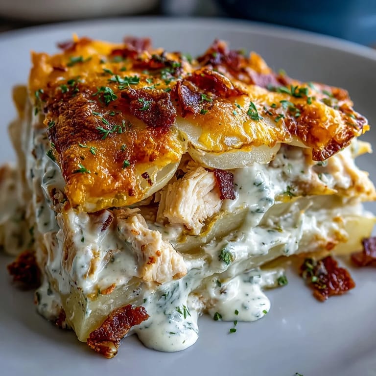 Spoon serving Creamy Ranch Chicken Potato Bake from a white dish, showing steam rising from the tender potato slices and shredded cheese stretching on the lift.